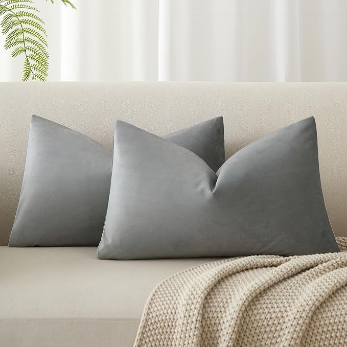 12x20 Throw Lumbar Pillow Covers Decorative Cushion Covers Set of 2,Grey | Soft Velvet Pillow Cases with Invisible Zipper for Modern Couch Sofa Bed Living Room Bedroom Home Decor