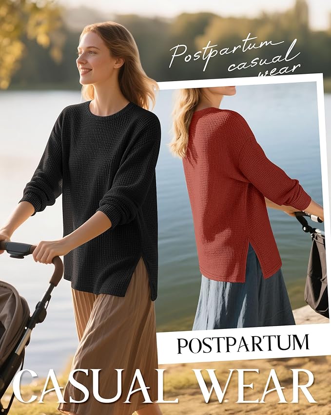 3 Pack Women's Maternity Shirts Long Sleeve Waffle Knit Side Split Oversized Tops Pregnancy Clothes Fall Tees