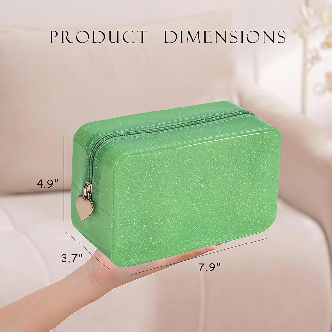 RSRSLEII Stardust Twinkle Jelly Travel Makeup & Toiletry Bag, Waterproof PVC Cosmetic Bag/Case for Women，Zipper SPF Beach Bag for Sunscreen Skincare and Daily Essentials (04Green)