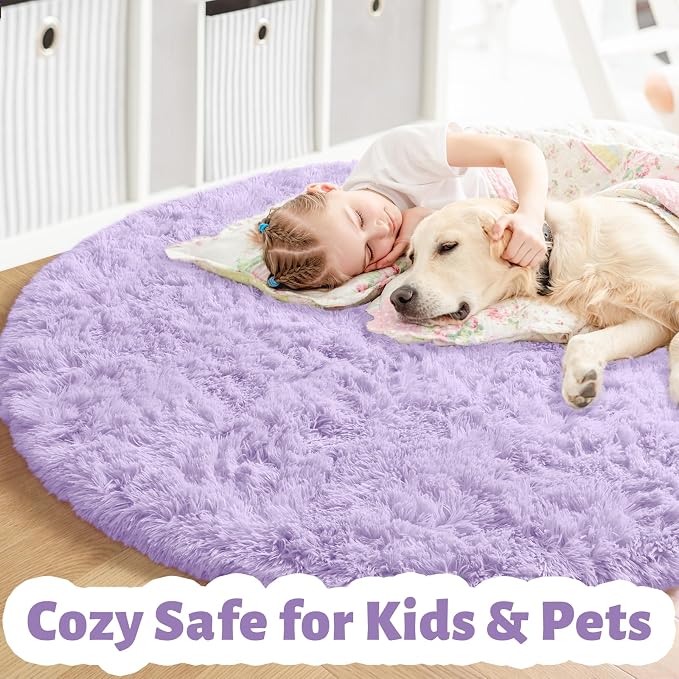 Amdrebio Light Purple Large Round Rugs 6Ft for Girls Bedroom, Fluffy Fuzzy Circle Area Rug for Kids Room Decor Aesthetic, Soft Cute Furry Plush Shag Lavender Carpet for Classroom, Baby Nursery, Dorm