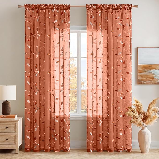MIULEE Burnt Orange Sheer Curtains 2 Panels Embroidered Leaf Patterned Rod Pocket Floral Semi Faux Linen Window Fall Curtains Drapes Set for Living Room Bedroom Dining Room, 52x96 Inches Long