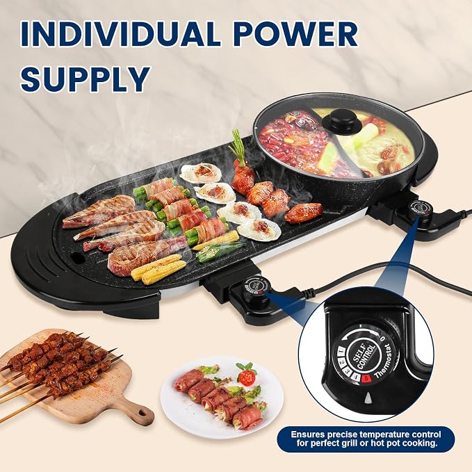Electric Hot Pot with Grill, 2200W Shabu Shabu Korean BBQ Grill Cooker, 2-IN-1 Indoor Smokeless Non-Stick Hotpot, Separate Temperature Control, 5 Gears Firepower, for 2-10 People
