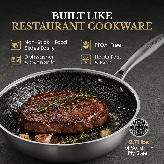 MUGAA® 11" Honeycomb Stainless Steel Wok with Lid, Nonstick, Induction Safe | Heavy-Duty Stir Fry Pan, Induction Compatible & Even Heat Distribution, PFOA-Free Non Toxic Cookware, Oven & Dishwasher Safe