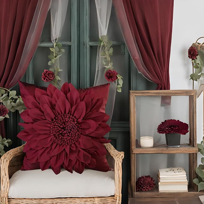Burgundy Accent 3D Flower Decorative Throw Pillow Covers for Bed Sofa Couch | Bella's Giftshop Handmade Sunflower Taffeta Pillow Cases Living Room Bedroom Decor, 18x18 Inch