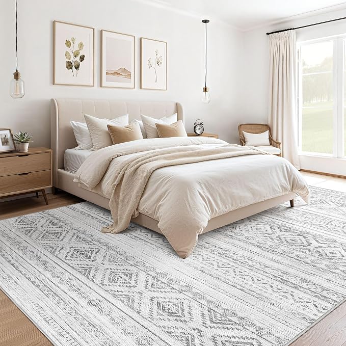 cotiled 9x12 Area Rugs Living Room Rug: Washable Boho Rugs with Non Slip Backing Large Soft Indoor Stain Resistant Carpet for Bedroom Farmhouse Dining Room Lightweight Home Decor Light Grey