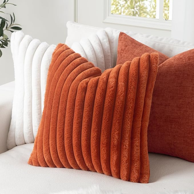MIULEE Fall Faux Fur Decorative Throw Pillow Covers 18x18 Burnt Orange | Set of 2, Vintage Boho Soft Plush Couch Pillows, Cozy Fluffy Cushion Covers for Sofa Bed Living Room Home Decor