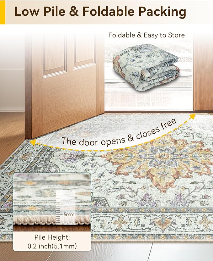 RELEANY Area Rugs Runner 2'x8' Washable Non-Slip, Floral Vintage Distress Medallion Carpet for Kitchen Hallway Bedroom Beside Laundry Room Bathroom, Beige Carbon Grey Orange