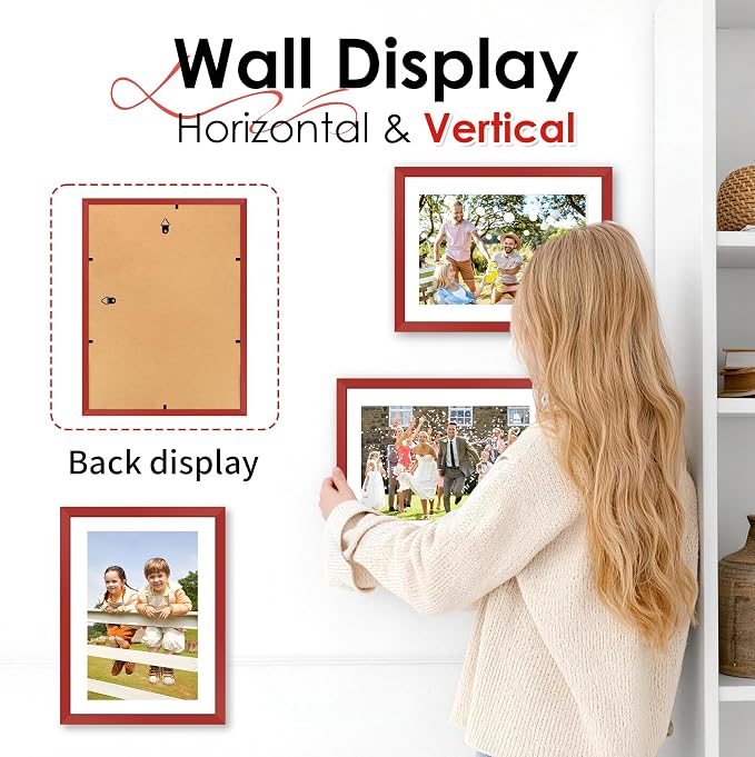 FIXSMITH A4 Picture Frame Set of 2, Red Photo Frame with HD Plexiglass, Display Pictures 6x8 with Mat or 8.3x11.7 Without Mat Multi Picture Frames Collage for Tabletop or Wall Display