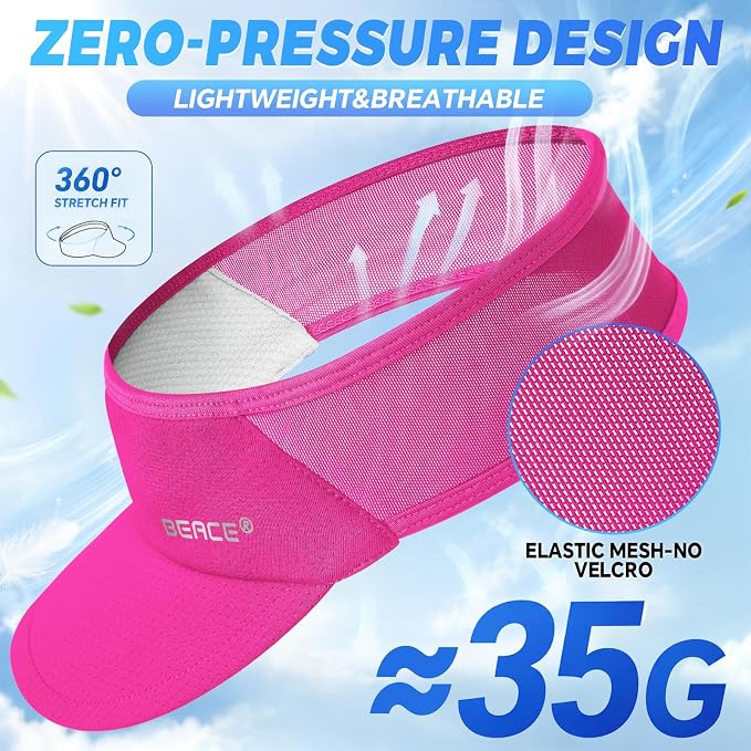 BEACE Sun Visor Hat Women Men-Sports Lightweight Wicking Stretchy Sunvisor Cap for Golf Tennis Running Pickleball Beach