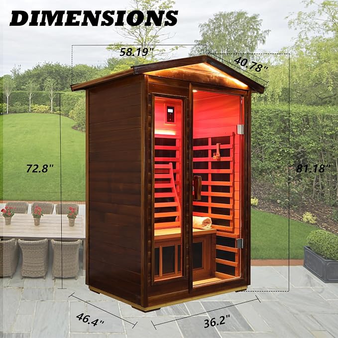 Kanlanth Red Cedar 2 Person Outdoor Infrared Sauna, Ultra-Low EMF Far Infrared Sauna, 1,750W, Luxury Outdoor Infrared Sauna with Near red Light and Chromotherapy, Bluetooth, LED