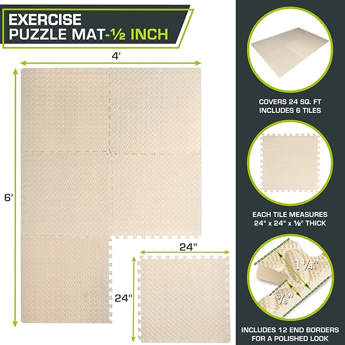 ProsourceFit Exercise Puzzle Mat 1/2-inch, EVA Interlocking Foam Floor Tiles for Home Gym, Workout Equipment, Kids Play Areas, Beige, 24 Sq Ft - 6 Tiles