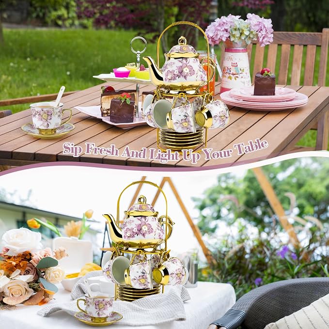 20 Pcs Porcelain Tea Set with Metal Holder, 700ml/23oz European Ceramic Tea Set for Adults, Adult Tea Set Gift, Flower Tea Cup Saucer Set for Party With Gold Flower Painting (Elegant Purple/700ml)