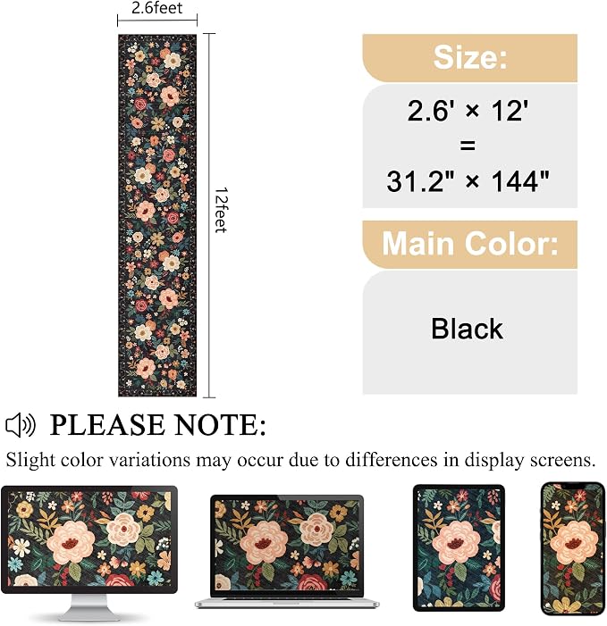 DUKINO 2.6x12 Kitchen Runner Rug, Floral Non Slip Long Washable Rug, Black | Low Pile, Stain Resistant, Soft Indoor Rug Runner for Hallway, Entryway, Bedroom, Bathroom, Laundry, Pet Friendly, Home Decor
