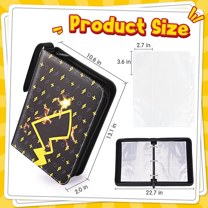 Card Binder – 9 Pocket Zipper Collection Album, Premium PU Holder, Double-Sided Display for 900 Cards, Includes 5 Hard Plastic Sleeves for Game Cards, Sports Cards（Lightning）