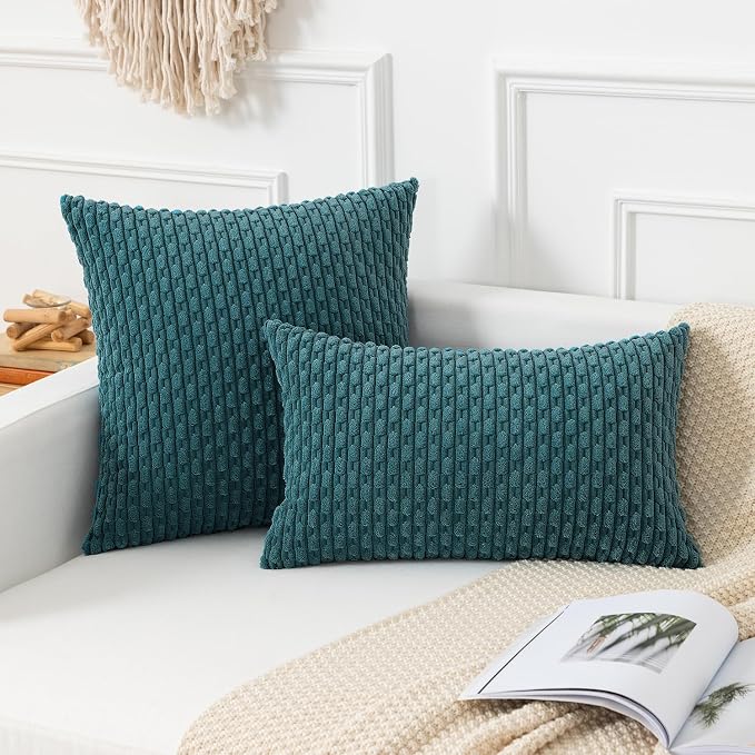 Kevin Textile Soft Corduroy 12"x20" Lumbar Pillow Cover 1 Pack, Teal Blue | Boho Stripe Plush Corduroy Decorative Oblong Cushion Cover Modern Farmhouse Home Decor for Sofa Couch Bed Chair