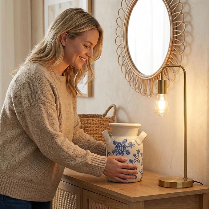 Ceramic Vase Set of 3 with Two Handles, Blue White Neutral Rustic Modern Farmhouse Boho Decor, Versatile as Table Centerpiece or Mantel & Shelf Accent - Unique Home Gift Idea