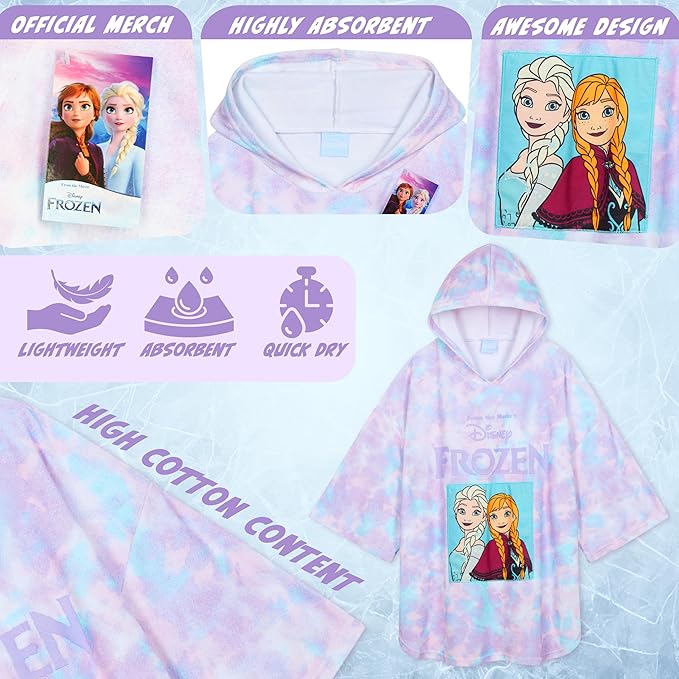 Disney Stitch Bath Towel with Hood for Kids Teenagers Absorbent Cozy Poncho Hooded Beach Towel Wrap for Beach Pool Swimming Bath Vacation Essentials (Purple/Blue Frozen, 5-9 Years)
