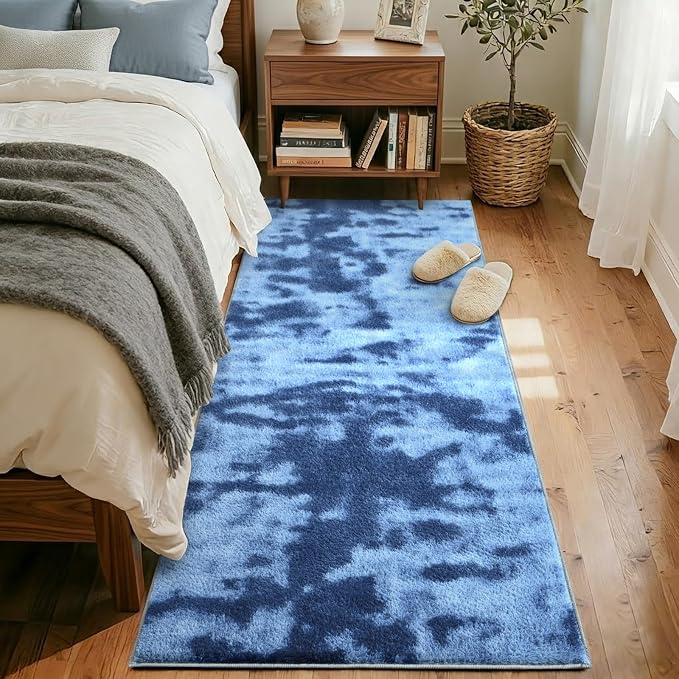 FinRèc 2x6 Washable Runner Rugs for Kitchen Hallway Bedroom, Low Pile Thin Ultra Soft Shag Rug, Non-Slip Carpet Indoor for Home Decor (Tie-dye Teal)