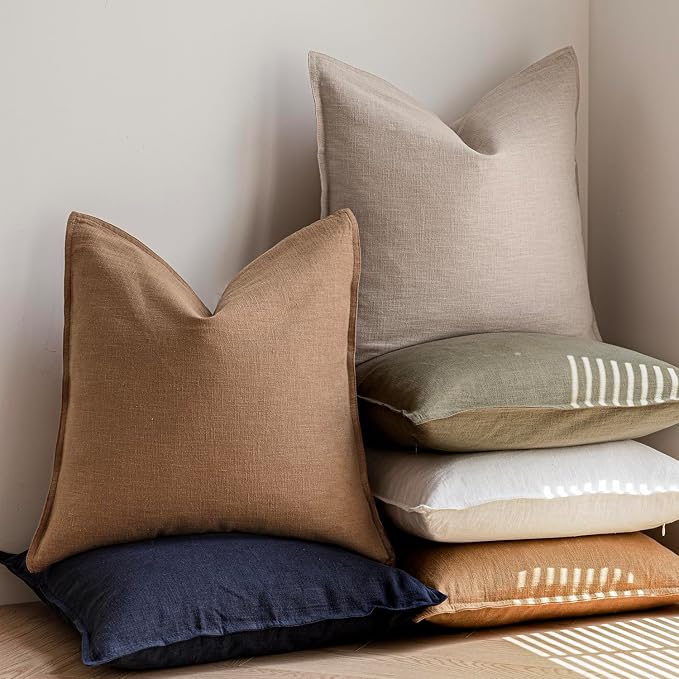 Foindtower Pack of 2, Decorative Linen Solid Throw Pillow Covers Soft Accent Cushion Case Boho Farmhouse Pillowcase for Chair Couch Sofa Bedroom Living Room Home Decor 24 x 24 Inch Light Khaki Brown