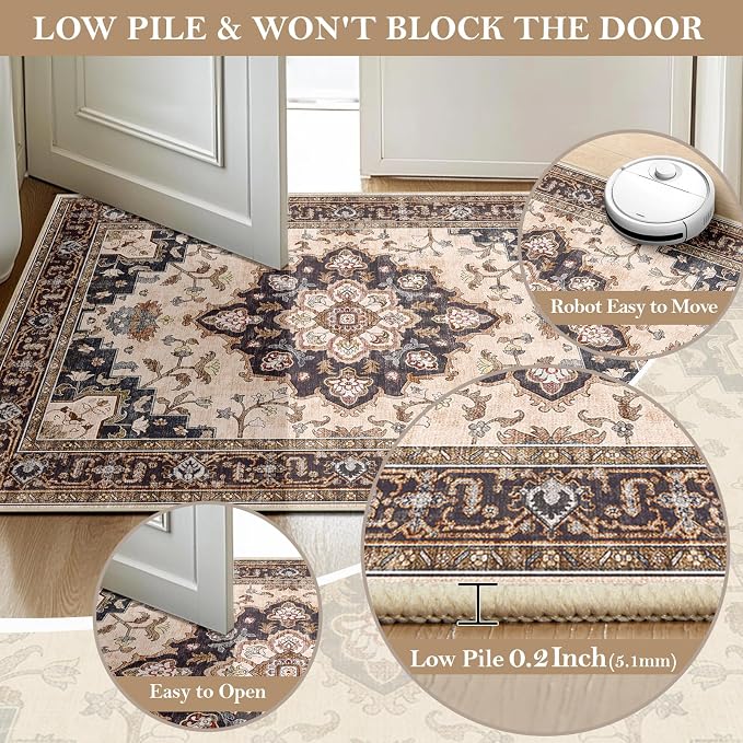 CAPALOCA 6x9 Washable Nursery Girls Low Pile Area Rug Coffeebeige | Non-Slip Soft Rugs for Bedroom Kids Playroom Living Room, Print Pattern Water Repellent Carpet Indoor Decor