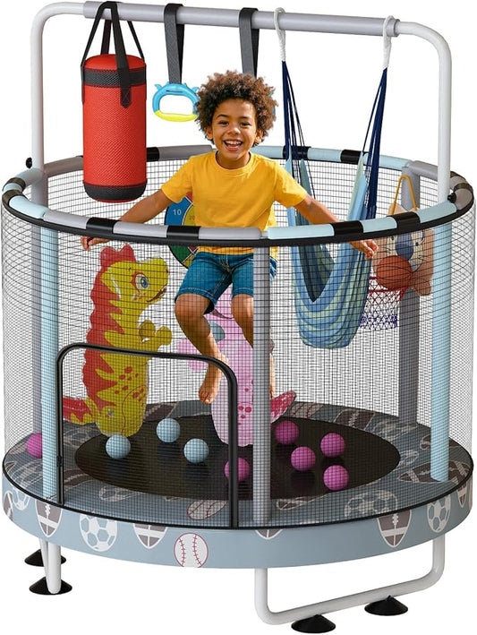 LAMERGE 55" 7-in-1 Round Trampoline for Kids Boys & Girls Ages 1-8, Indoor & Outdoor Trampoline for Fun, Adjustable Height Handrail ＆ Enclosed Safety Net ＆ Durable Designs for Toddlers Children