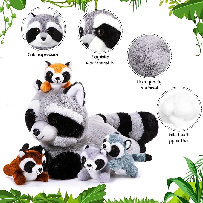 5 Pcs Raccoon Stuffed Animal Set Adorable Mommy Raccoon Plush with 4 Cute Babies in Tummy Soft Cuddly Plushie for Birthday Woodland Party Decor(Lovely Style)