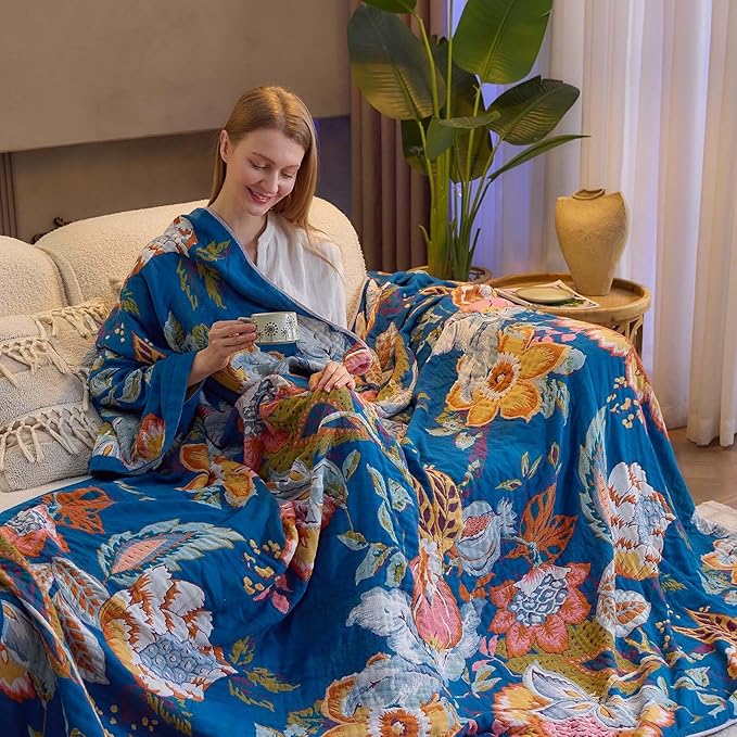 XIBLC Boho Throw Blanket, Blue Lightweight Blankets for Summer, 100% Cotton Bohemian Decorative Throw Blanket, 60"x80" Reversible Muslin Breathable Woven Farmhouse Blankets Quilt,