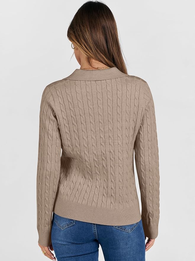 ANRABESS Womens Cable Knit Sweaters Long Sleeve V Neck | Pullover Collared Sweater Tops, Polo Knit Shirts, Business Casual Work, Tennis Golf, Fall Winter Fashion Outfits