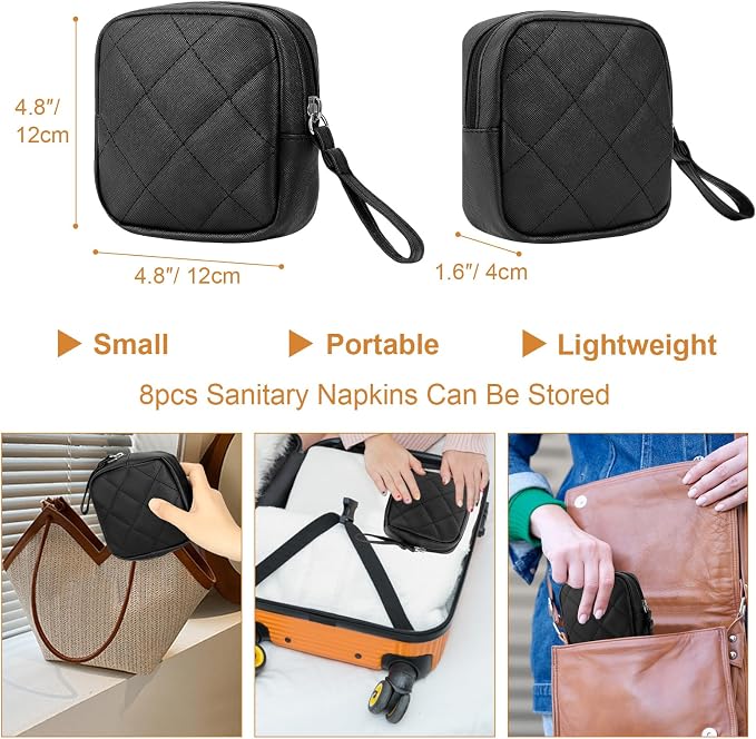 Likesing Sanitary Pad Storage Bag, Leather Period Bags for Teen Girls, Portable Tampon Menstrual Cup Pouch Nursing Pad Holder Purse, Sanitary Pouch for Feminine Products 1 Pack(Black)