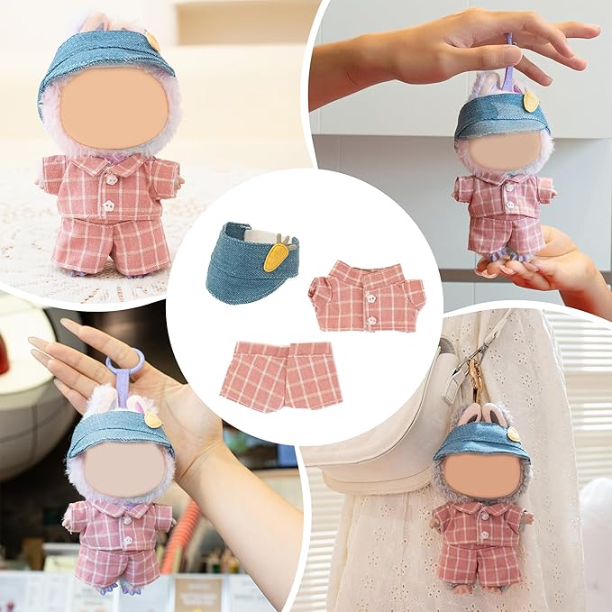 Clothes for Labubu Doll,6.7 Inch Doll Clothing Set - 3 Pieces of Handmade Clothes and Accessories for 17cm Plush Toys - Pink Plaid Shirt + Shorts + Carrot Baseball Cap