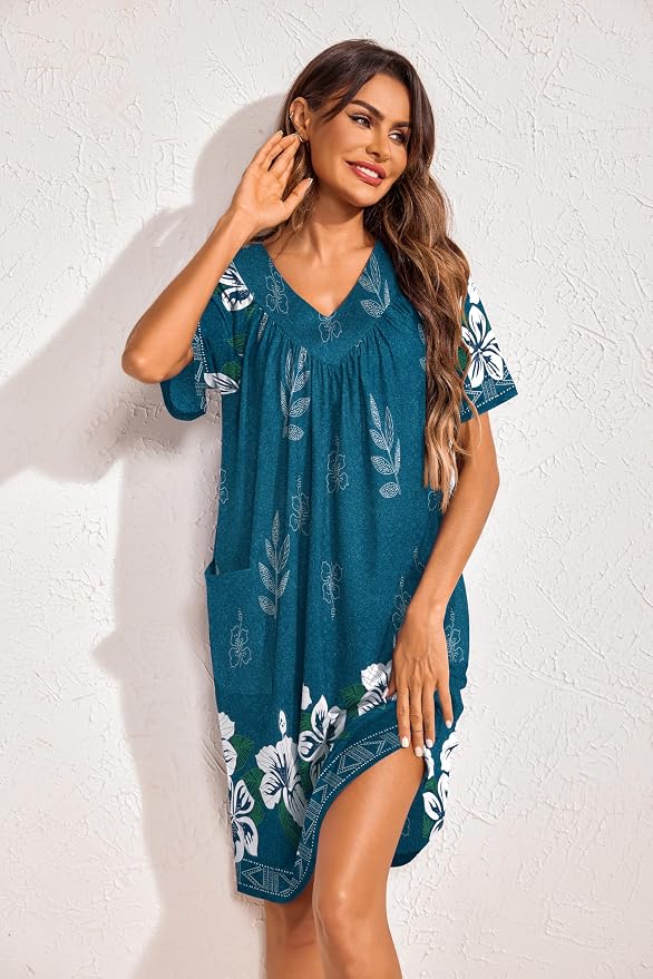 Ekouaer Womens House Dress Floral Print Nightgown with Pockets Mumu Dress