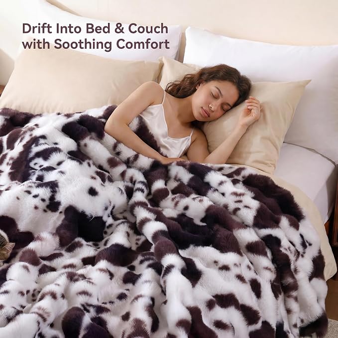 Faux Rabbit Fur Throw for Couch - Cow Brown Bubble Blanket 60"x80" | Fluffy Plush Fuzzy Throw for Sofa & Bed, Super Soft Cozy Comfrt Blanket, Luxury Aesthetic Cow Print Decor Gift for Women
