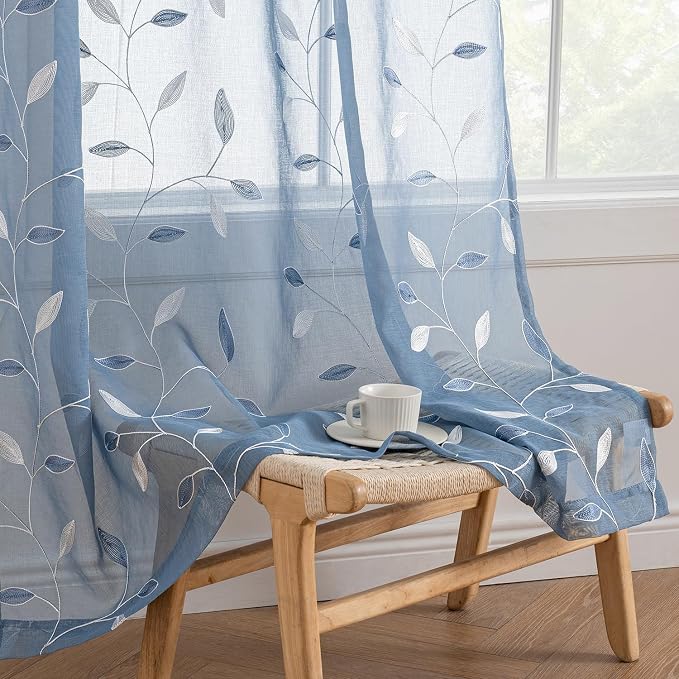 MIULEE Dusty Blue Sheer Curtains 2 Panels Embroidered Leaf Patterned Rod Pocket Floral Semi Sheer Faux Linen Window Curtains Drapes Set for Living Room Bedroom Dining Room, 52x63 Inches Long
