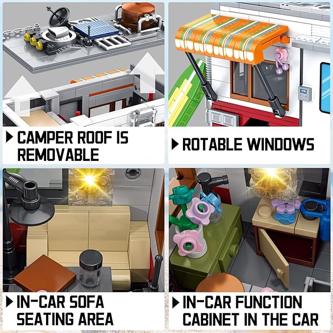 CSNRHG Camping Van Construction Toy 924 Pieces Building Block Set with Picnic Table Grill & Fire Scene Gift for Kids Teens & Vehicle Fans