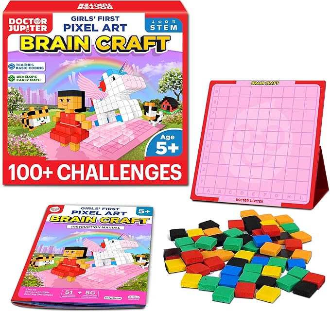 Doctor Jupiter My First STEM Pixel Art Kit, Brain Craft for Girls Ages 5+ | Birthday Gift Ideas for 5-6-7-8-9-10 Year Old Girls | Learning & Educational Coding Basics Toy with 100+ Challenges