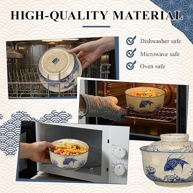 SiliFine Ramen Bowl Set of 2 Ceramic Ramen Bowl with Lid 25oz Microwave Clay Pot Traditional Japanese Tableware Korean Clay Pot for Christmas Soup Salad Meal Rice Home Office(Blue,Oatmeal,Stylish)
