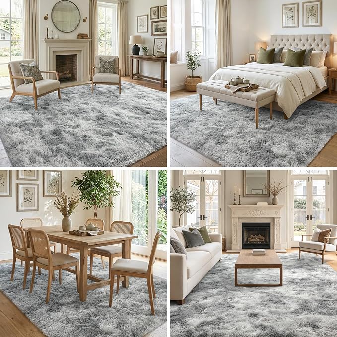 8x10 Ft Extra Large Shag Rugs for Living Room, Tie Dyed Ultra Soft Fluffy Furry Area Rugs for Bedroom Indoor Floor, Aesthetic Carpet for Kids Home Decor (Grey)