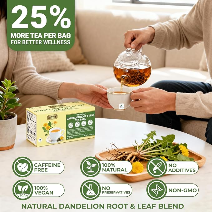 LeafLea Dandelion Root & Leaf Tea Bags, Gut Health Support, 160 Count | Natural Roasted Dandelion Herbal Blend, Te De Diente De Leon, Caffeine-Free, Vegan, Convenient 4 Pack