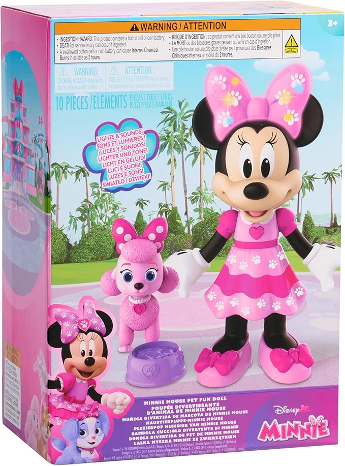 Disney Jr. Minnie Mouse Pet Fun Doll – 10-Inch Poseable Minnie Doll with Lights & Sounds, Accessories, Pink Poodle Toy, Kids Gift for Ages 3 and Up by Just Play, Kids Toys for Ages 3 Up by Just Play