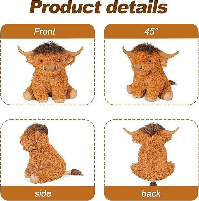Highland Cow Weighted Stuffed Animals, 4 Lbs Brown Highland Cow Plush 13.7 Inches, Surprise Weighted Stuffed Animals Gift for Kids Birthdays, Halloween, Christmas (Brown)