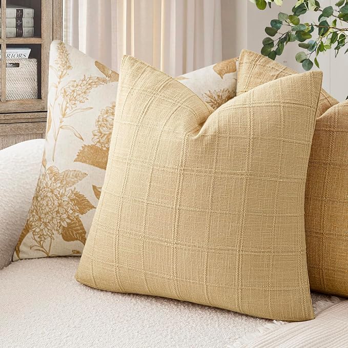Foindtower Set of 2 Decorative Linen Check Throw Pillow Covers Neutral Farmhouse Vintage Cushion Covers Modern Boho Accent Home Decor for Sofa Chair Couch Bedroom Living Room,24×24 Inch,Light Yellow