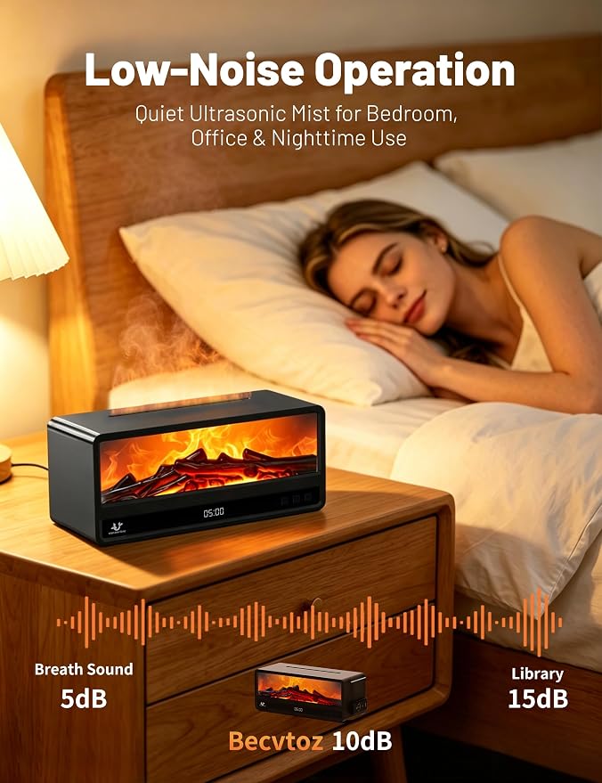 Fireplace Aroma Diffuser for Bedroom Nightstand, Essential Oil Diffuser with Realistic Flame Effect, Remote Control, Timer Auto-Off, 7 Color LED Ultrasonic Aromatherapy Diffuser for Home Office Decor