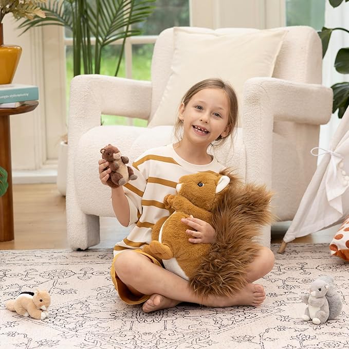 MaoGoLan 4Pcs Squirrels Plush Toys with 3 Baby Squirrels, Realistic Stuffed Animals for Small Hand, Adorable Squirrel Plushie Gift for Forest Animal Lover,Girls,Boys,Kids,Baby Shower,Brown