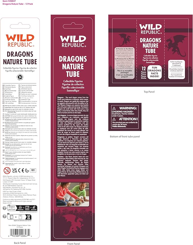 Wild Republic Dragon Figurines Tube, Dragon Toys, Twelve Dragon Figures with Six Different Poses