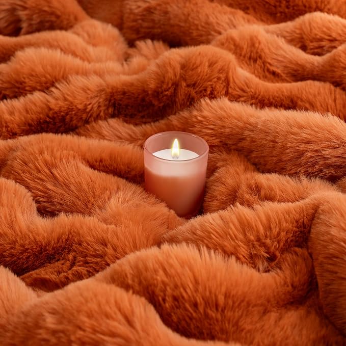 Luxury 1000GSM Rabbit Faux Fur Blanket, Super Warm Cozy Brown Blankets for Couch Bed Sofa, Ruched Plush Fuzzy Elegant Soft Reversible Mink Blanket Living Room Bedroom, 50" x 60",Orange