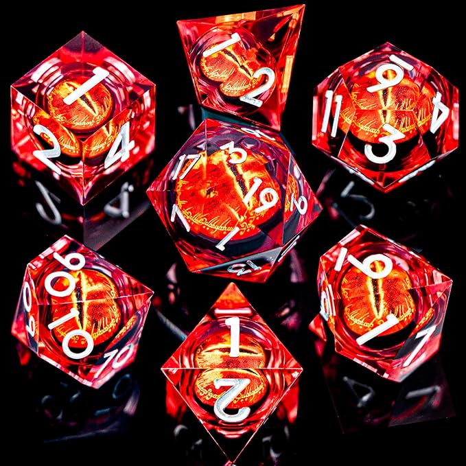 ARUOHHA DND Resin Dice Gazes Eye Dice Silver Red Liquid Core Flaming RPG Sharp Edged Dice Set with Gift Box, Polyhedral D and D Dice Set Compatible with Dungeons Dragons Role Playing Game D20 D6