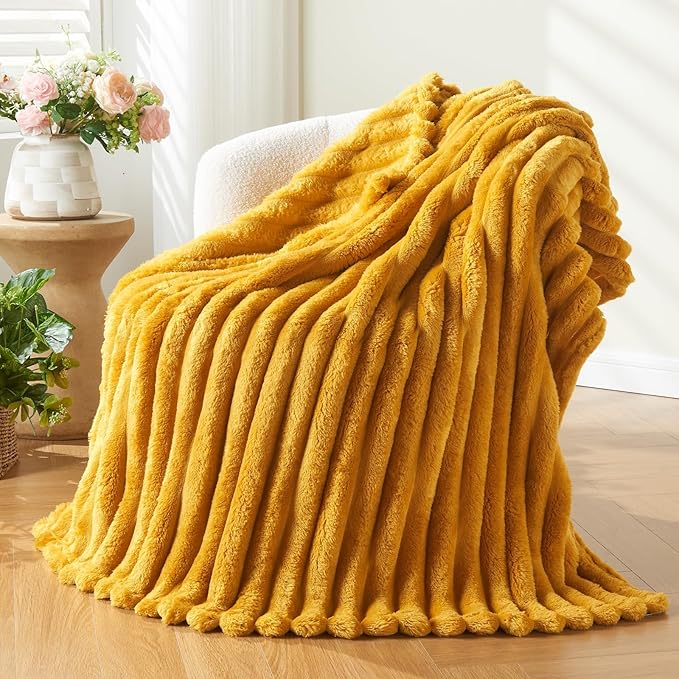 NEWCOSPLAY Super Soft Queen Blanket Mustard Yellow Premium Silky Flannel Fleece 3D Ribbed Jacquard Lightweight Bed Blanket All Season Use (Mustard Yellow Ribbed, Queen(90"x90"))