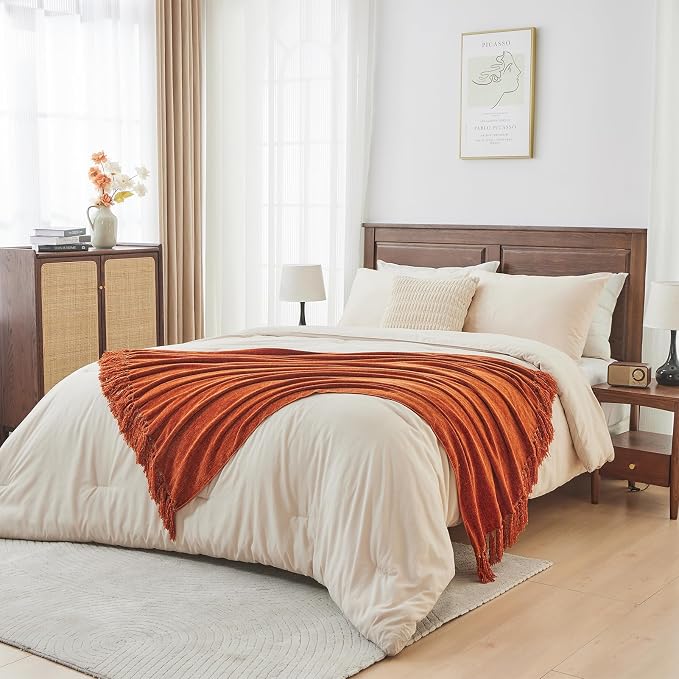 CozeCube Chenille Throw Blanket, Rust Orange Fringe Blanket, 60"X80" | For Couch, Cozy Plush Fuzzy Decorative Blanket with Fringe Tassels, Lightweight Throws for Bed Sofa Gift Home Decor