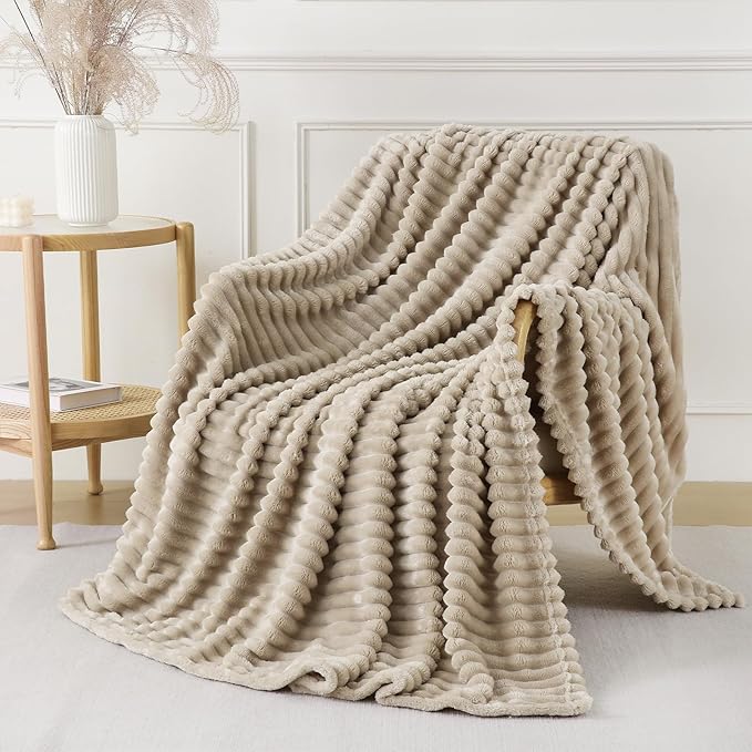 Khaki Throw Blanket for Couch Sofa 108x90 inches Striped Design | Fleece Blankets Room Home Decor Lightweight Plush Soft Cozy Gifts for Women Mom