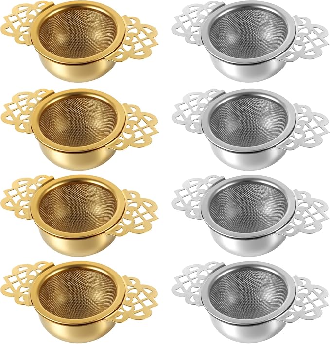 8 Pack Tea Strainer Bowl, 304 Stainless Steel Tea Drain Strainer Tea Filter Mesh Tea Drip Bowls Teapot Strainers With Petal Handles Tea Divider for 2.5-4 Inch Cup Mouth (silver, gold)